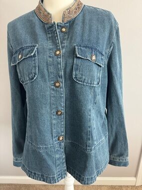 Van Heusen Blue Denim Jacket with Embroidered Stand Collar